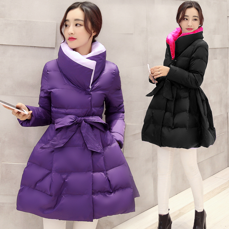 2016冬季新款韩版A版立领可爱收腰中长款羽绒棉衣加厚保暖棉服女