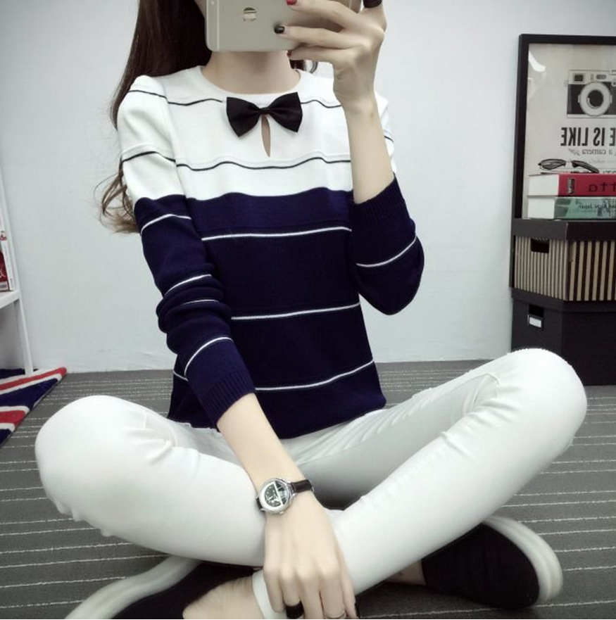秋冬新款女小衫韩版学生修身显瘦圆领长袖条纹T恤上衣打底针织衫