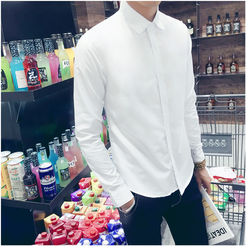 韩版薄款男士长袖白衬衫休闲修身大码纯色白寸衫商务工装职业正装折扣优惠信息