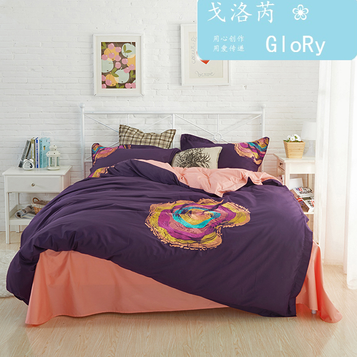 极简主义纯色床单四件套绣花纯长绒棉贡缎高密度全棉欧美床上用品