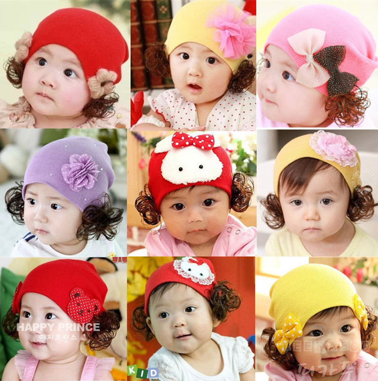 包邮韩版婴儿帽子秋冬天女宝宝假发帽公主帽 儿童套头帽子0-1-2岁