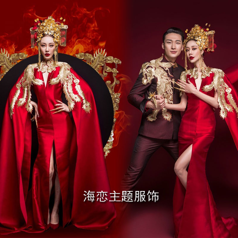 2017新影楼婚纱摄影服装复古中国风红色礼服刺绣中式情侣主题套装