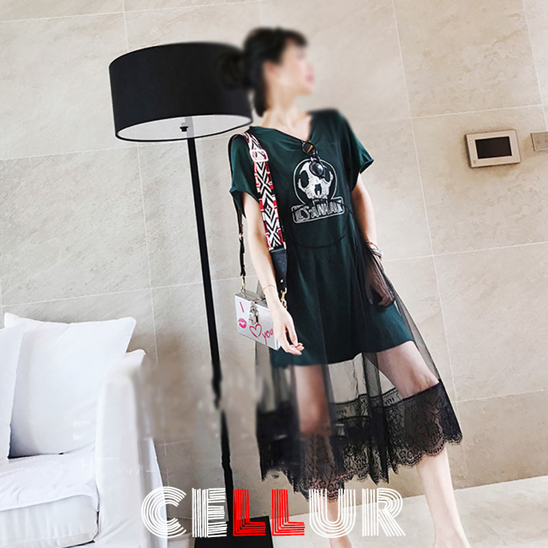 Lin 2017夏季新款假两件拼接休闲套装薄短袖T恤网纱连衣裙女折扣优惠信息
