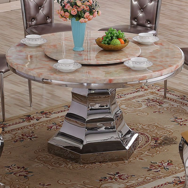 欧式大理石圆形餐桌椅组合简约现代6人带转盘餐台不锈钢圆桌饭桌