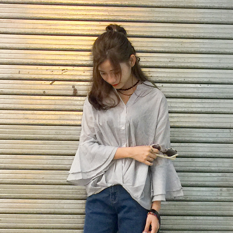 韩版2016秋季新品九分袖蓝色条纹衬衫女韩范宽松喇叭袖立领衬衣