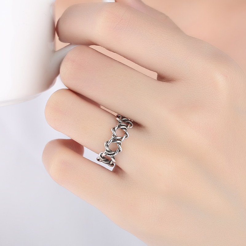 日韩国简约复古潮人S925纯银创意做旧麻花六芒星食指开口戒指环女
