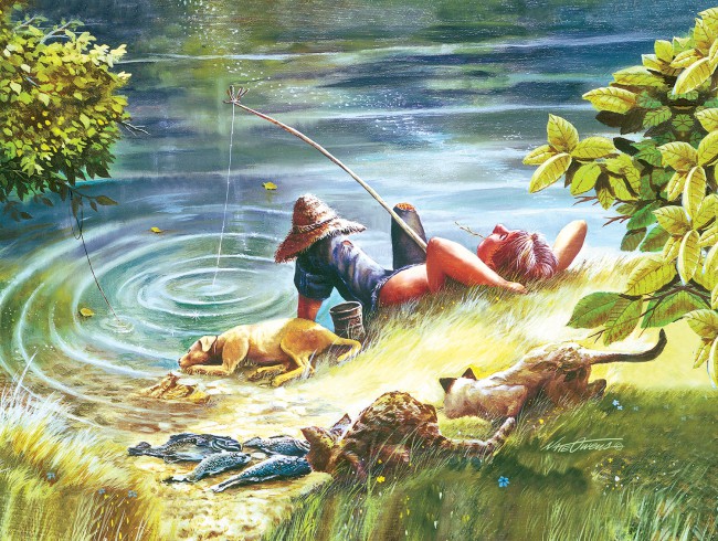 进口拼图SunsOut暑假 夏天 池塘钓鱼 猫和狗500片 情怀装饰图油画