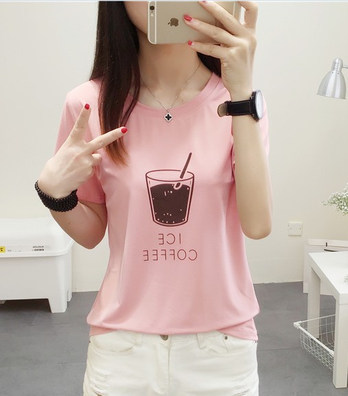 夏季新款韩版女装体恤百搭时尚卡通字母可乐杯印花宽松短袖T恤女