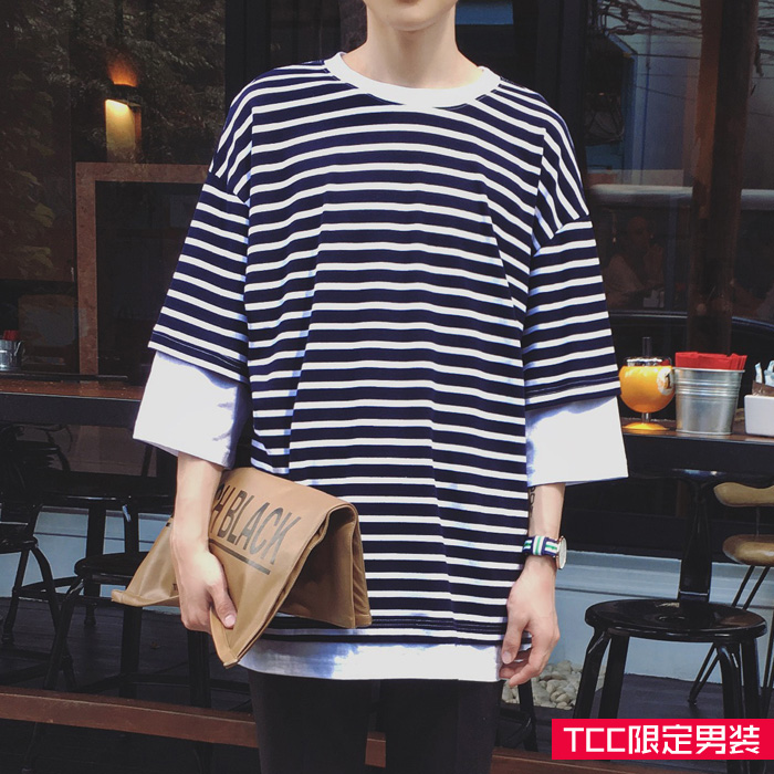 TCC 秋季装新款日系韩版宽松型七分袖条纹T恤衫男 短袖潮流港风