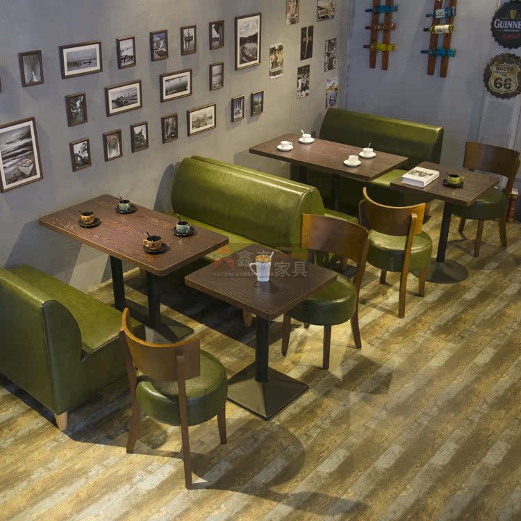 实木咖啡厅西餐厅桌椅组合 奶茶甜品店卡座沙发桌椅 复古皮艺餐椅折扣优惠信息