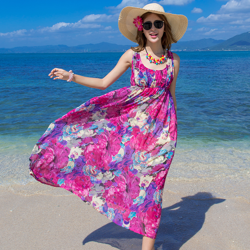 新款雪纺波西米亚海边度假沙滩裙长裙大摆显瘦印花吊带连衣裙夏女折扣优惠信息