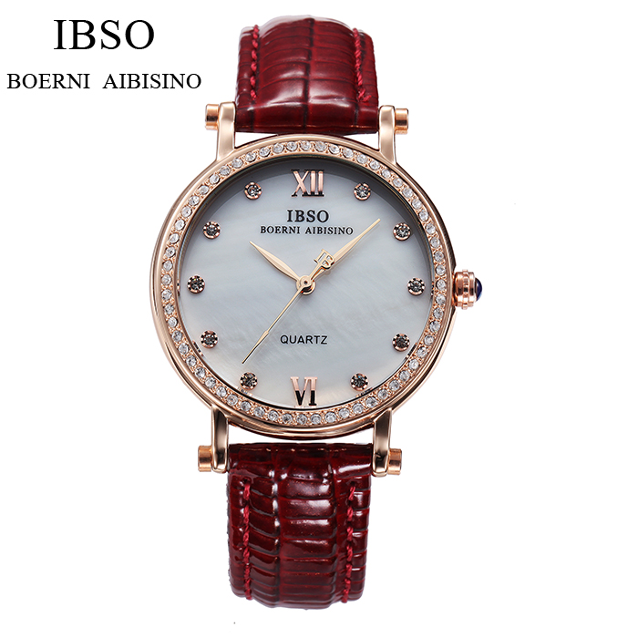 爱彼思诺IBSO女士手表时尚防水皮带水钻贝壳面女表 聚美系列3813