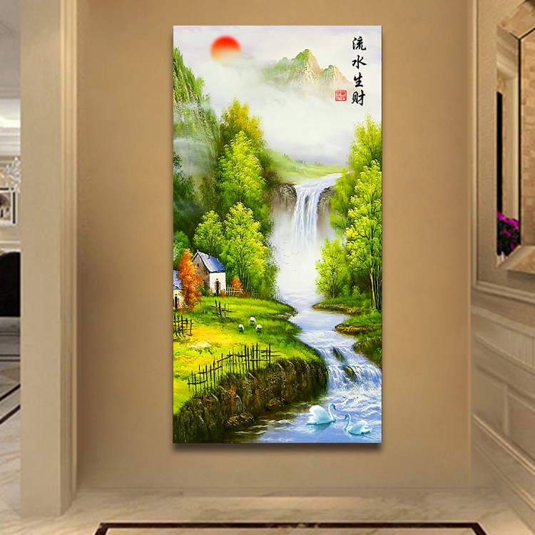 中式现代客厅无框画走廊过道挂画玄关装饰画单幅竖版山水风景壁画