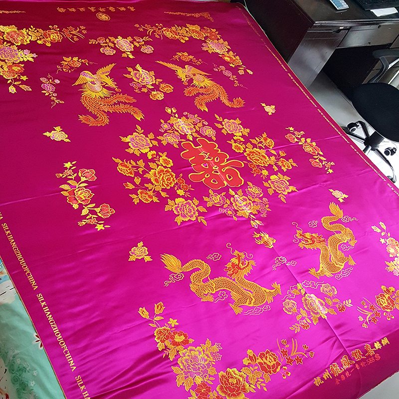 结婚喜被子大红绿的龙凤百子杭州织锦丝绸被面全棉被里子纯棉布料