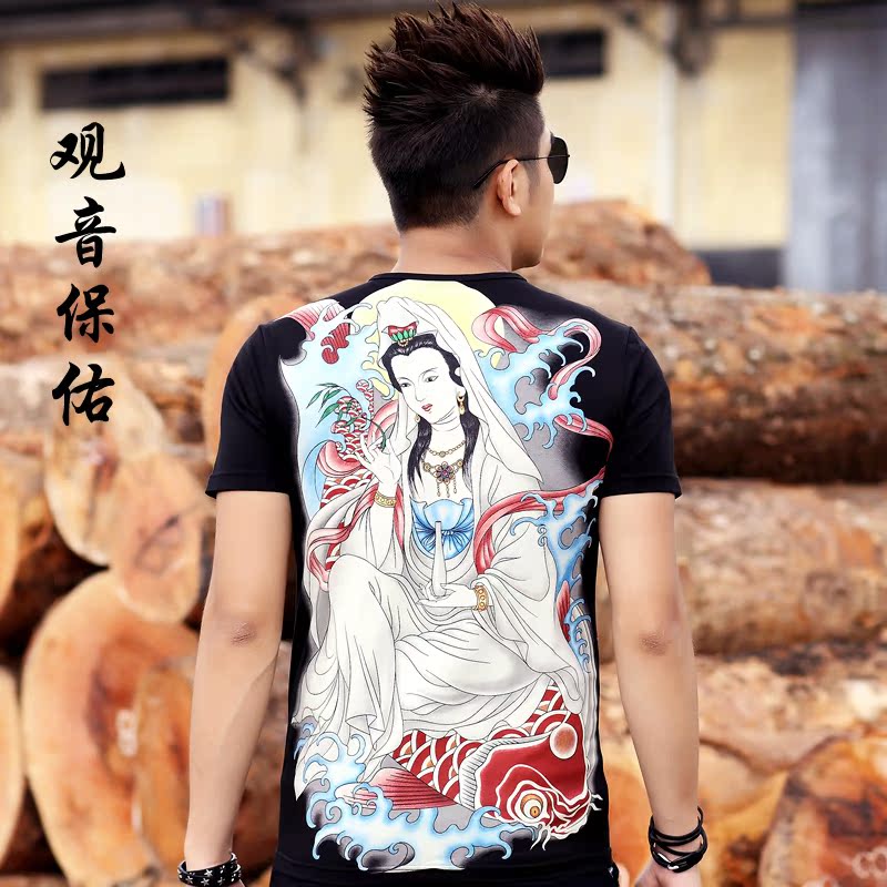 中国风男装观音菩萨图案满背半袖纹身T恤衫 夏大码圆领短袖上衣紧折扣优惠信息