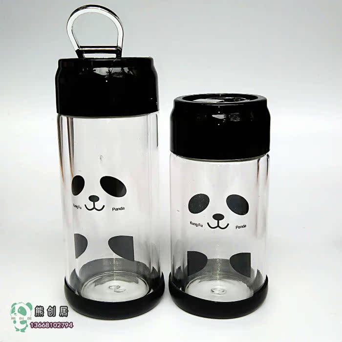中秋节正品熊猫印花水杯双层杯玻璃杯卡通创意透明茶杯便携杯子式