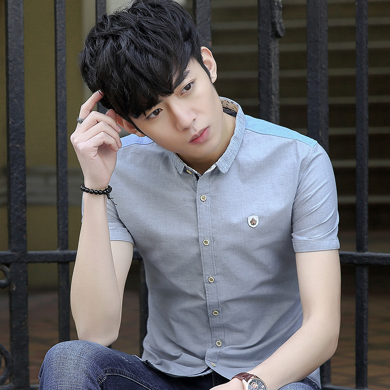 夏季新款青年韩版短袖衬衫男士修身男装纯色免烫纯棉休闲半袖衬衣