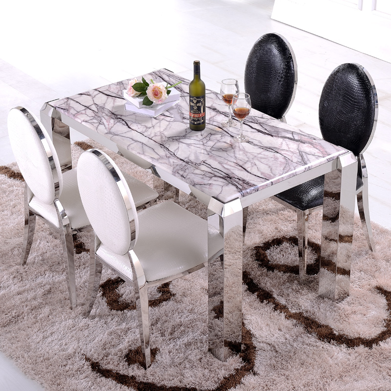大理石餐桌椅组合6人 现代简约小户型饭桌 不锈钢长方形餐台桌子