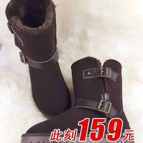 2016冬季新款 欧美 中筒金属装饰皮带扣真皮牛皮防水雪地棉雪地靴