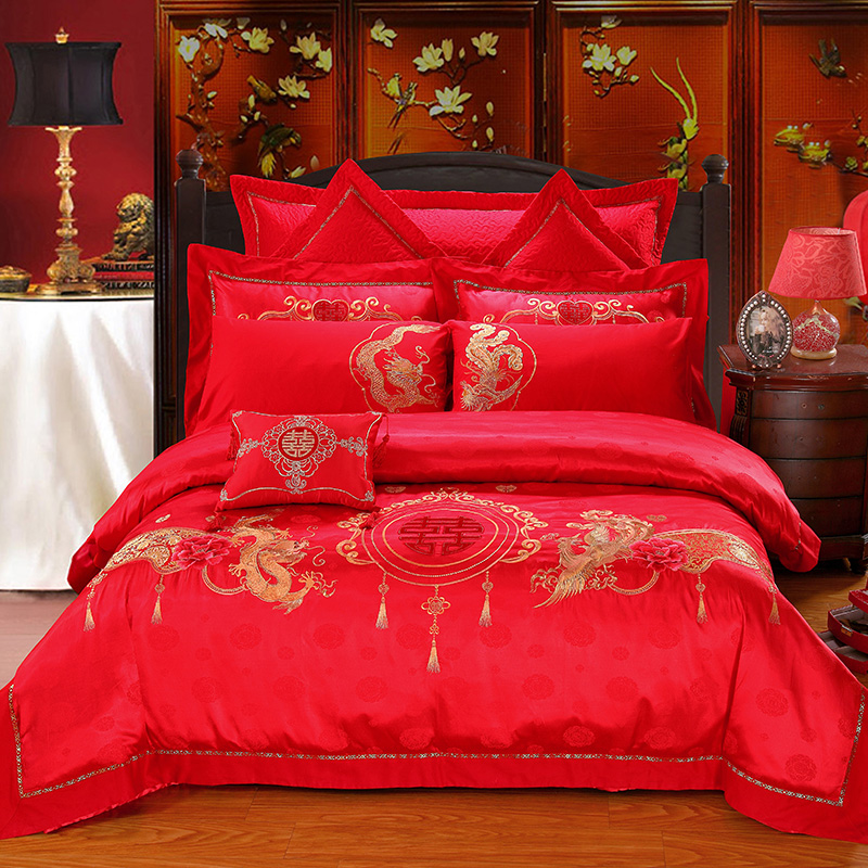 大红婚庆四件套多件套 莫代尔提花贡缎床品绗缝床盖床品折扣优惠信息