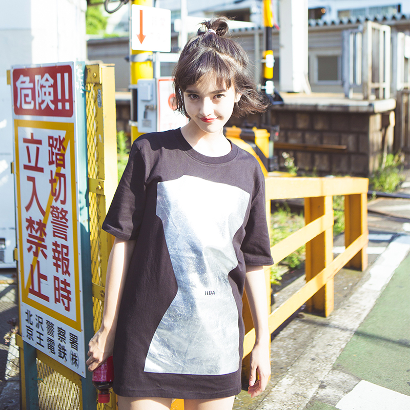 欧美街头个性几何图案夏季修身显瘦T桖女短袖韩版学生中长款T恤裙