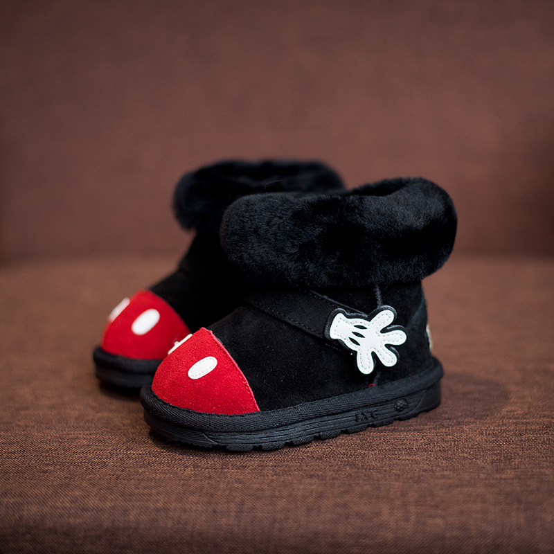 2016冬季儿童保暖靴子1-3岁男童女童卡通米奇鞋子真皮羊毛雪地靴折扣优惠信息