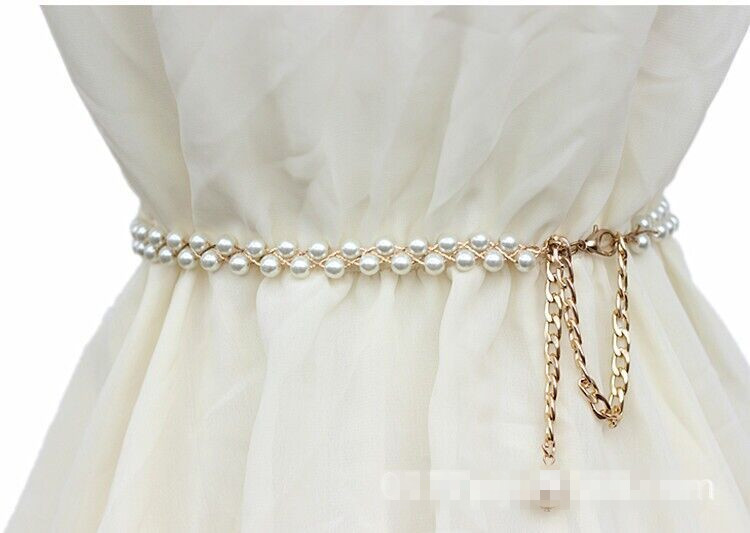 韩版百搭爆款时尚珍珠金属编织腰链搭配连衣裙女士时装皮带腰带