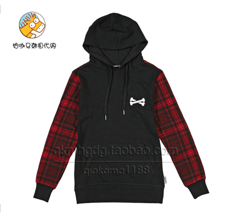 【折扣】韩国代购 潮牌elstinko 黑色格子红袖时尚休闲卫衣 帽衫