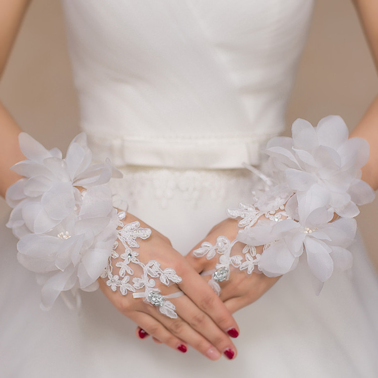 韩式新娘手套白色结婚婚纱蕾丝绣花露指钉珠婚礼手套包邮折扣优惠信息