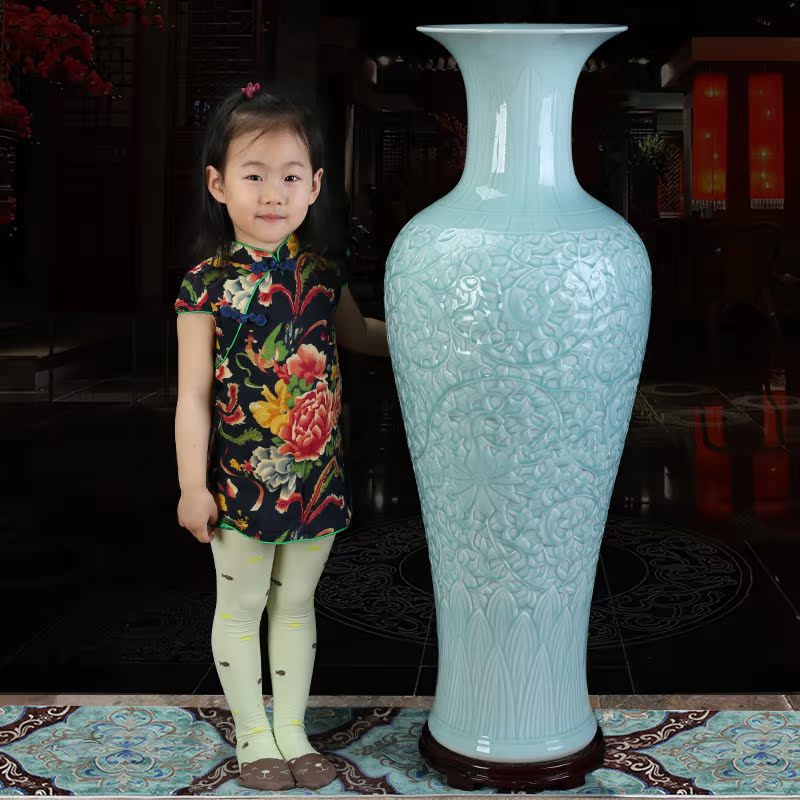 景德镇陶瓷器大花瓶摆件客厅落地摆件雕刻青瓷荷花牡丹大号高1米折扣优惠信息