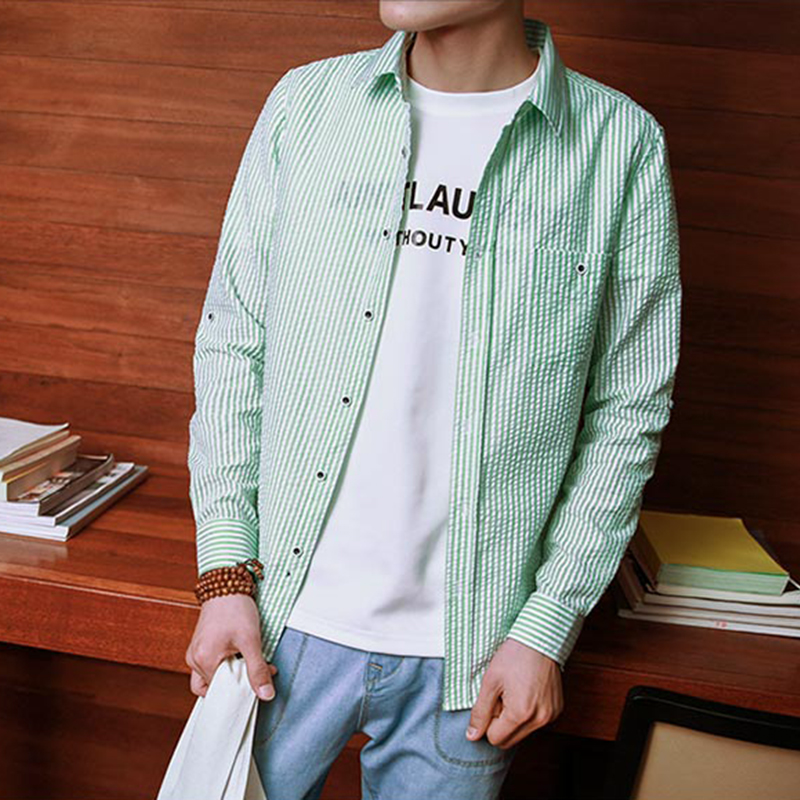条纹衬衫男长袖薄款秋季2016新款韩版修身青少年休闲学生上衣免烫
