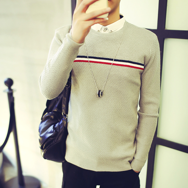 青年韩版修身型衬衣领假两件毛衣男套头针织衫男装秋冬季毛线衫潮