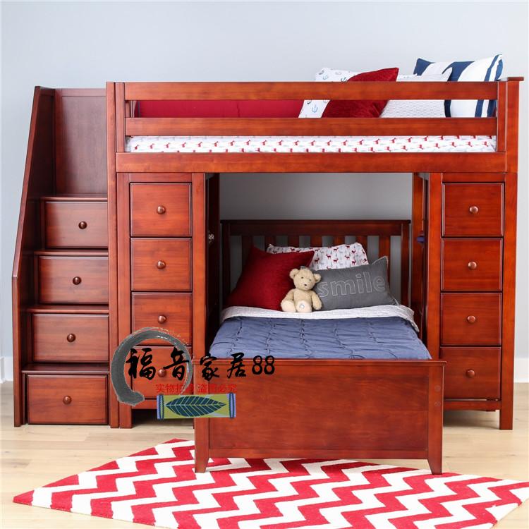 美式乡村实木高低儿童床 法式复古做旧子母床卧室双层儿童床定制