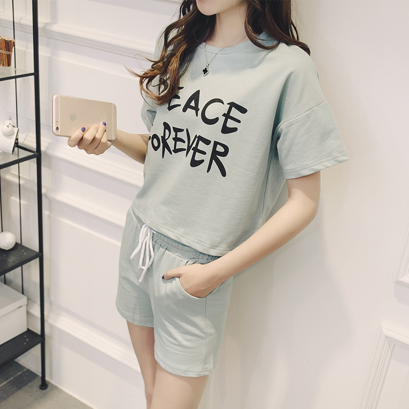 韩版夏季短袖蝙蝠袖字母印花女时尚休闲运动服短裤套装两件套女夏