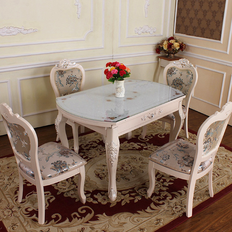 双虎豪威 欧式实木餐桌椅组合冰花钢化玻璃桌面 欧式圆形折叠餐桌折扣优惠信息