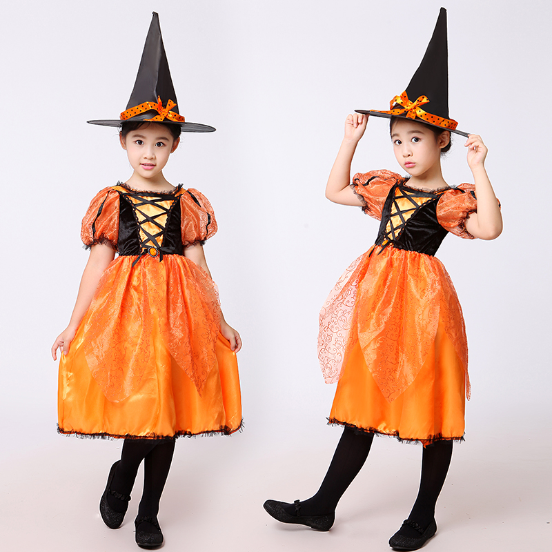 新款桔色万圣节儿童扮演服女巫cosplay化妆舞会派对小巫婆演出服