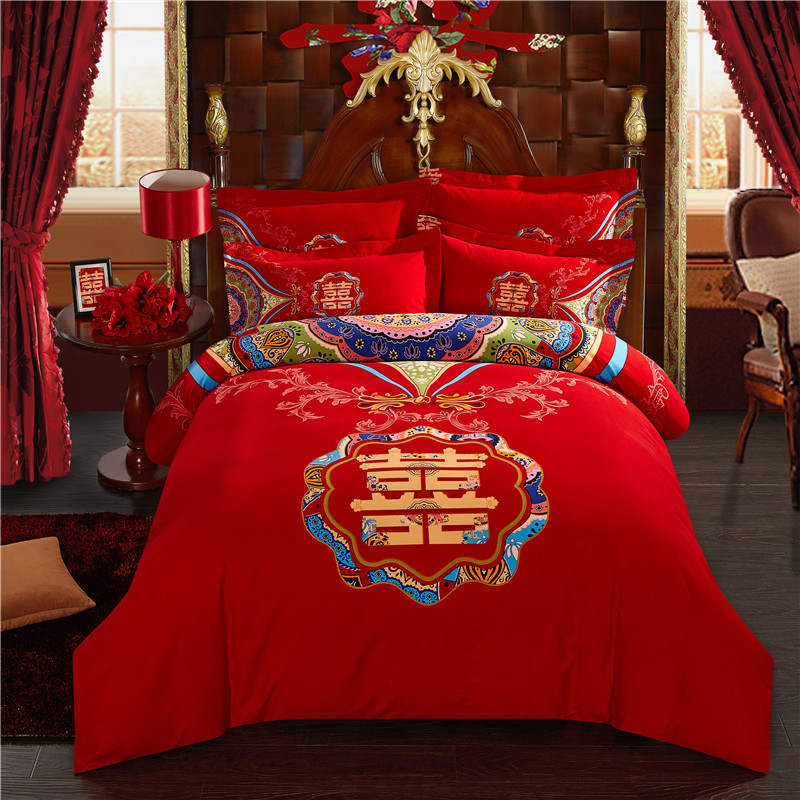 全棉结婚磨毛四件套大红色纯棉双人床单被罩婚庆床上用品1.8m2.0m折扣优惠信息
