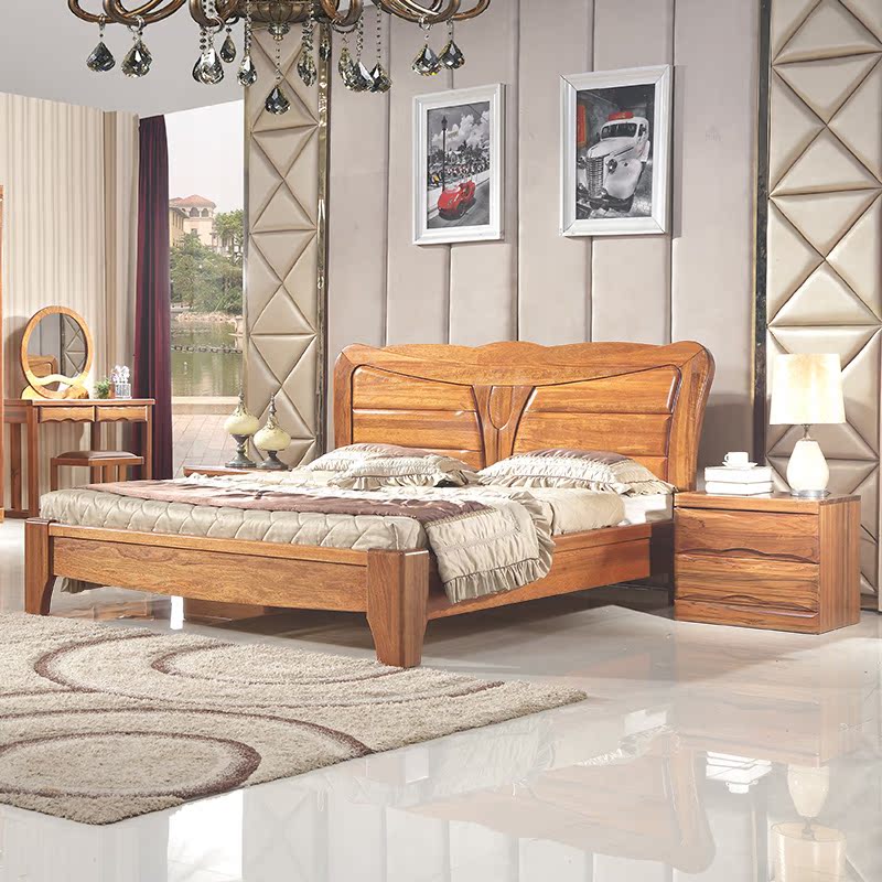 非洲黄金木双人床 简约现代中式全实木床1.8米2.0米婚床住宅家具折扣优惠信息