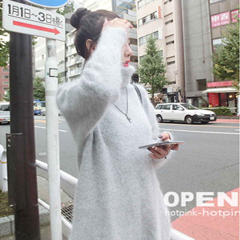 2017春秋季韩版新款女装加厚水貂绒毛衣高领兔毛中长款针织衫外穿