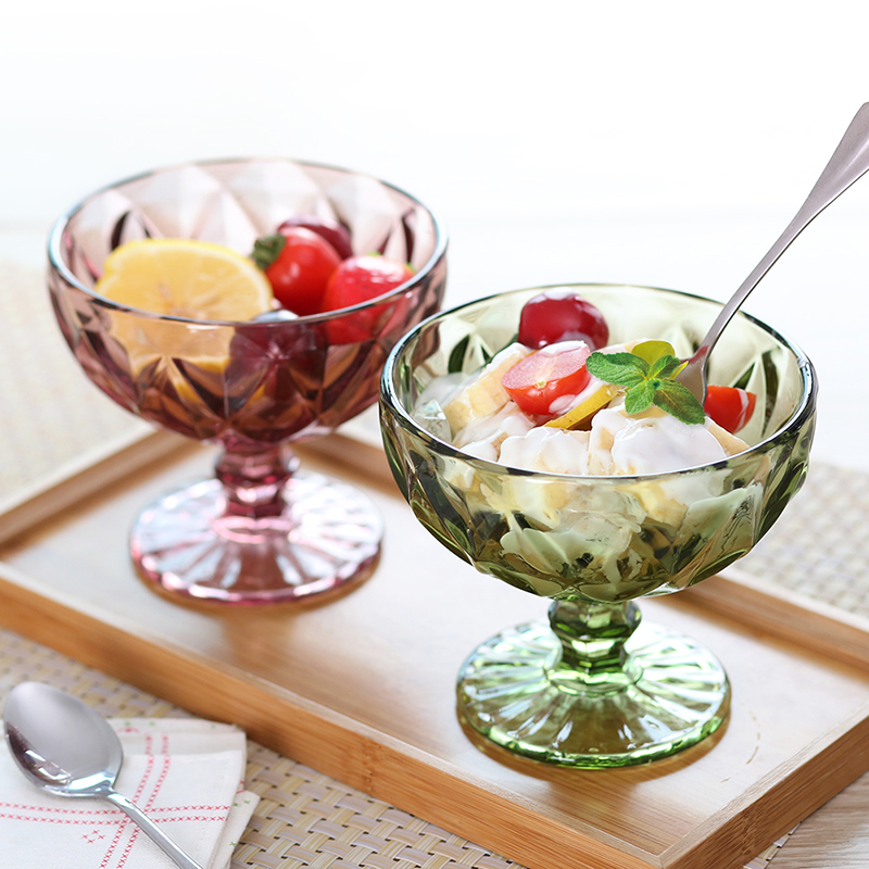 【三支装】欧式复古冰激凌杯浮雕沙拉碗创意彩色玻璃碗家用奶昔杯折扣优惠信息