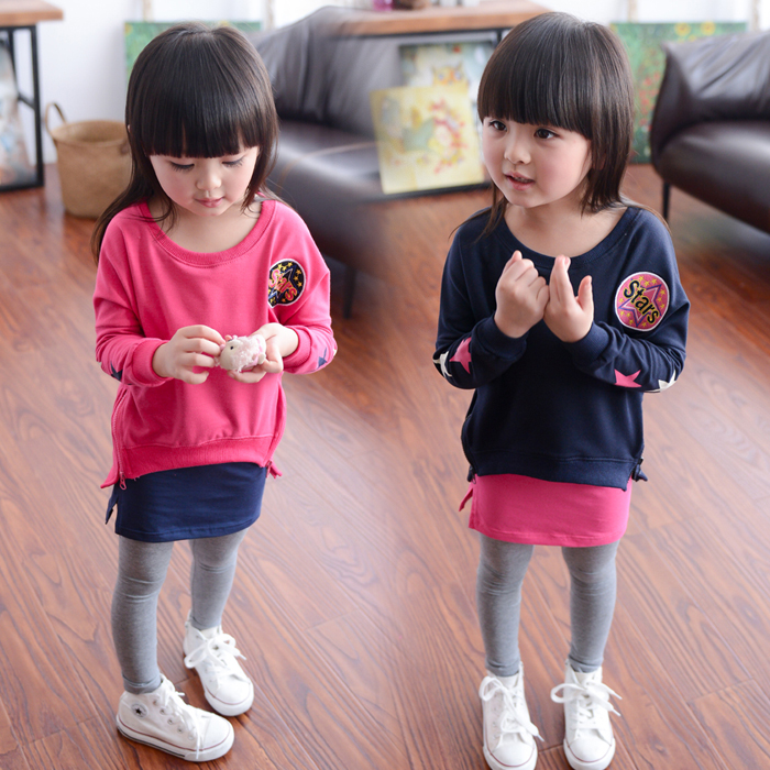 韩国3-8岁童装2016秋季新款女童长袖卫衣T恤+假两件九分裙裤套装