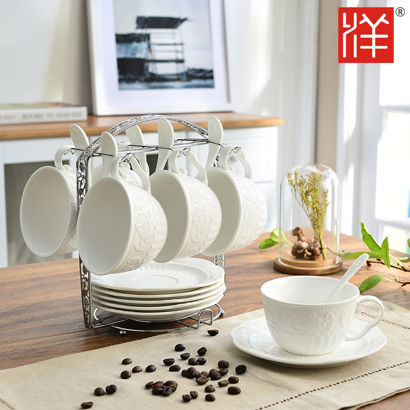 欧式简约咖啡杯碟套装浮雕下午茶茶具水杯英式创意红茶杯早餐水杯折扣优惠信息