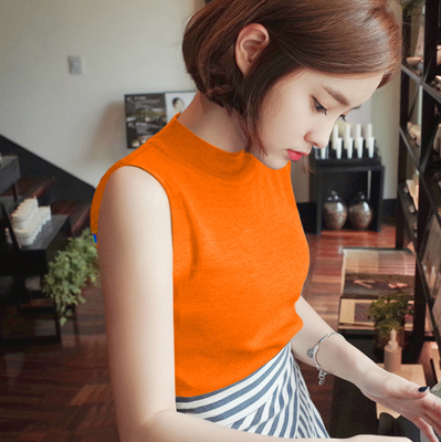 2016夏季薄款韩版半高领无袖针织T恤衫修身显瘦毛衣背心打底衫女